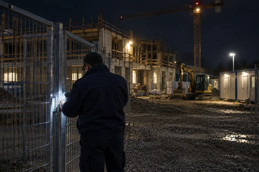 Gesicherte Baustelle bei Nacht mit Sicherheitskraft am Bauzaun