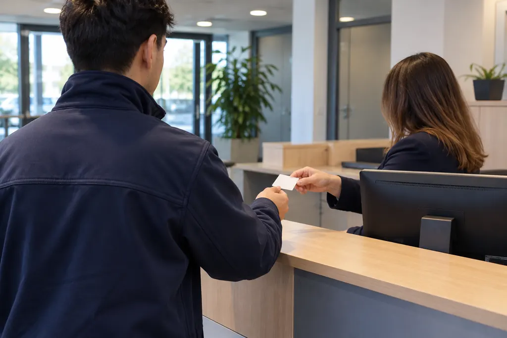 Besetzter Empfang in einem Bürogebäude bei der Übergabe eines Besucherausweises