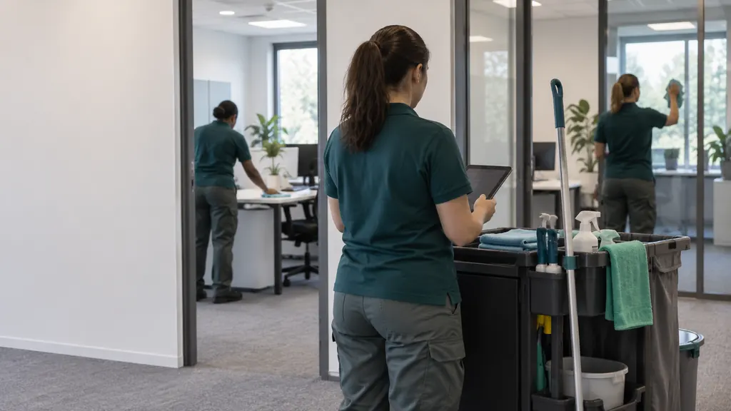 Reinigungsteam mit Teamleitung bei der Abnahme einer Büroetage am Morgen