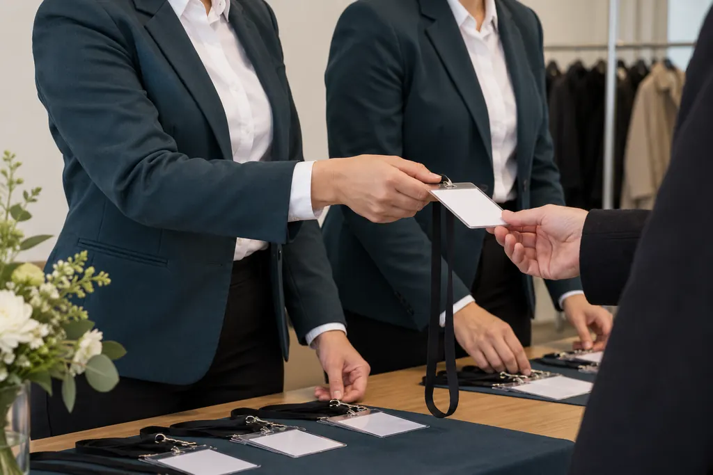 Servicepersonal übergibt Namensschilder am Empfang einer Veranstaltung