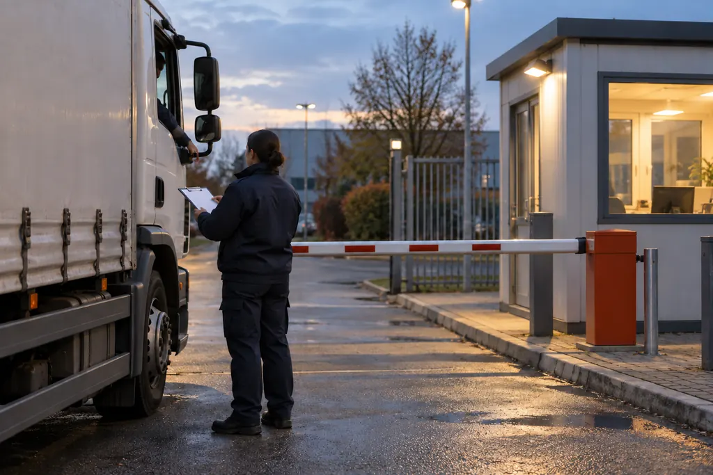Zufahrtskontrolle an der Pforte eines Werksgeländes: Sicherheitskraft prüft die Papiere eines Lkw in der Abenddämmerung