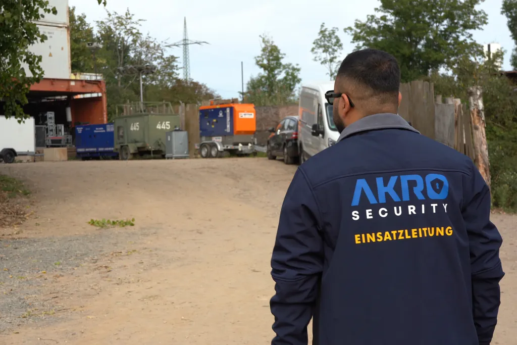 Einsatzleitung von AKRO Security in Jacke mit Logo und dem Schriftzug „Einsatzleitung“, von hinten, auf einem Gelände