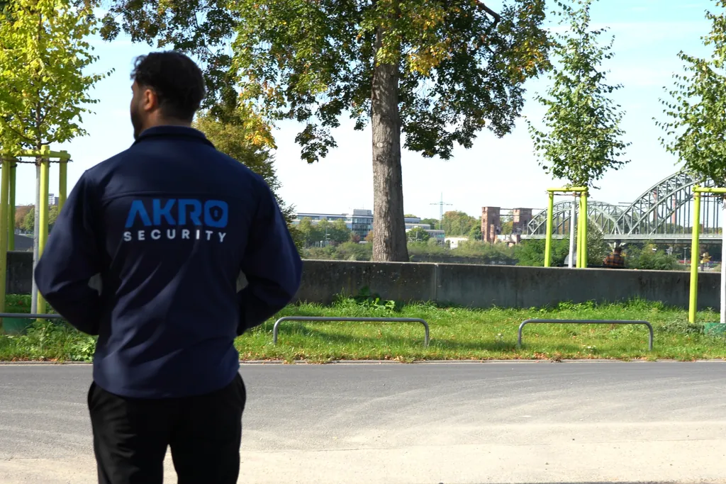 AKRO-Mitarbeiter in Jacke mit Logo, von hinten, am Rheinufer in Köln mit Blick auf eine Bogenbrücke