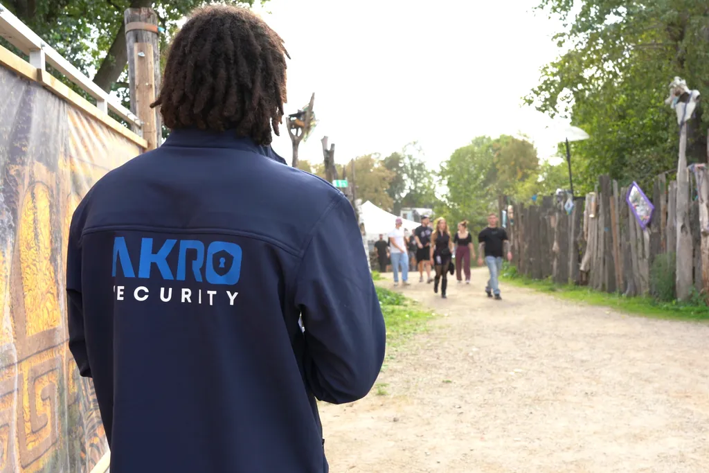 AKRO-Mitarbeiter in Jacke mit Logo, von hinten, auf einem Weg über das Veranstaltungsgelände