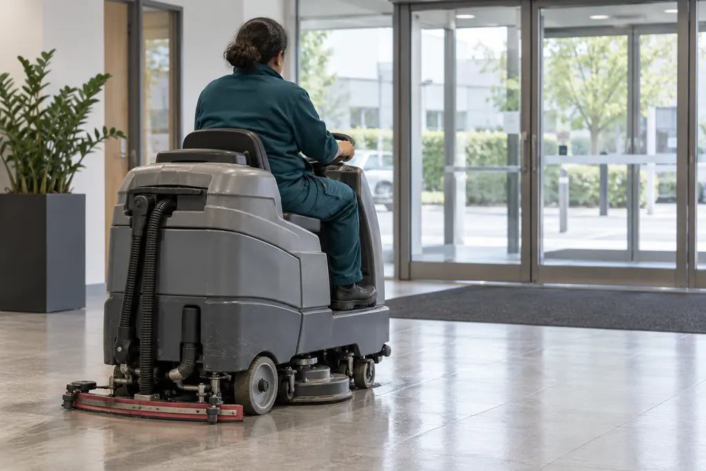 Maschinelle Bodenreinigung in einem hellen Foyer