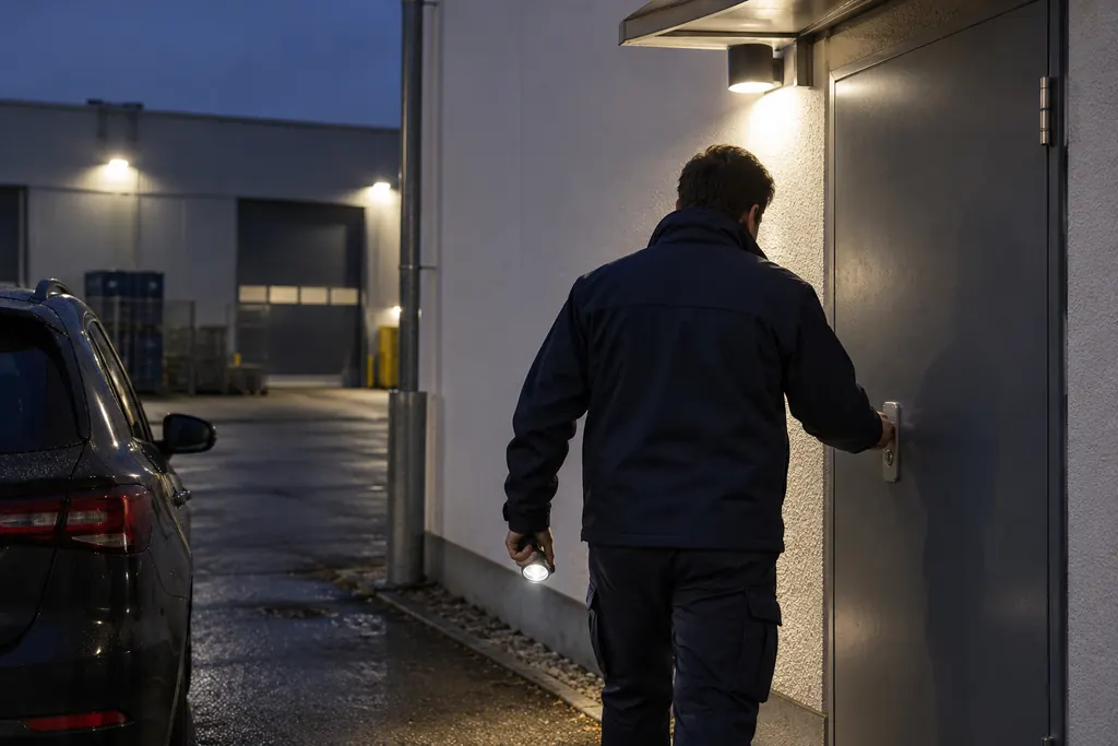 Nächtlicher Kontrollgang: Sicherheitskraft prüft die verschlossene Tür eines Gewerbegebäudes