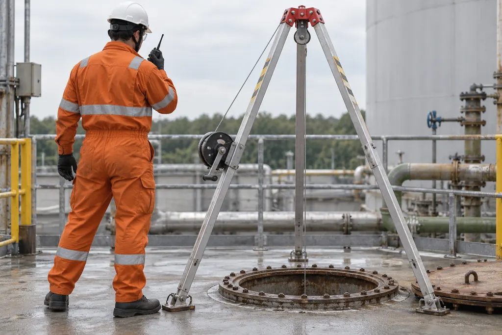 Sicherungsposten an einem geöffneten Behältereinstieg mit Rettungsdreibock