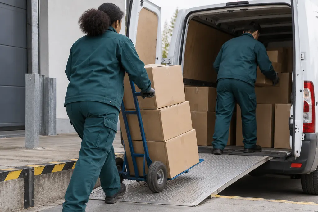 Verladung von Waren in einen Transporter an einer Laderampe